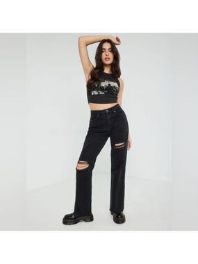NWT Garage Denim Vintage Straight Black High Waist Distressed Jeans 0 24W